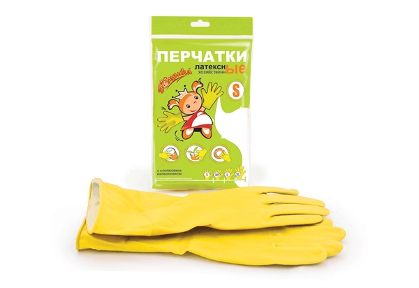 Перчатки хозяйственные "Золушка" латексные, S (желтые, с хлопковым напылением)