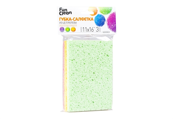 Губка-салфетка для посуды и поверхностей Fun Clean "Универсал", целлюлоза, 3шт.