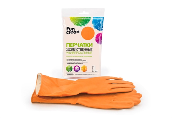 Перчатки хозяйственные Fun Clean универсальные, L (оранжевые, латексные с хлопковым напылением)